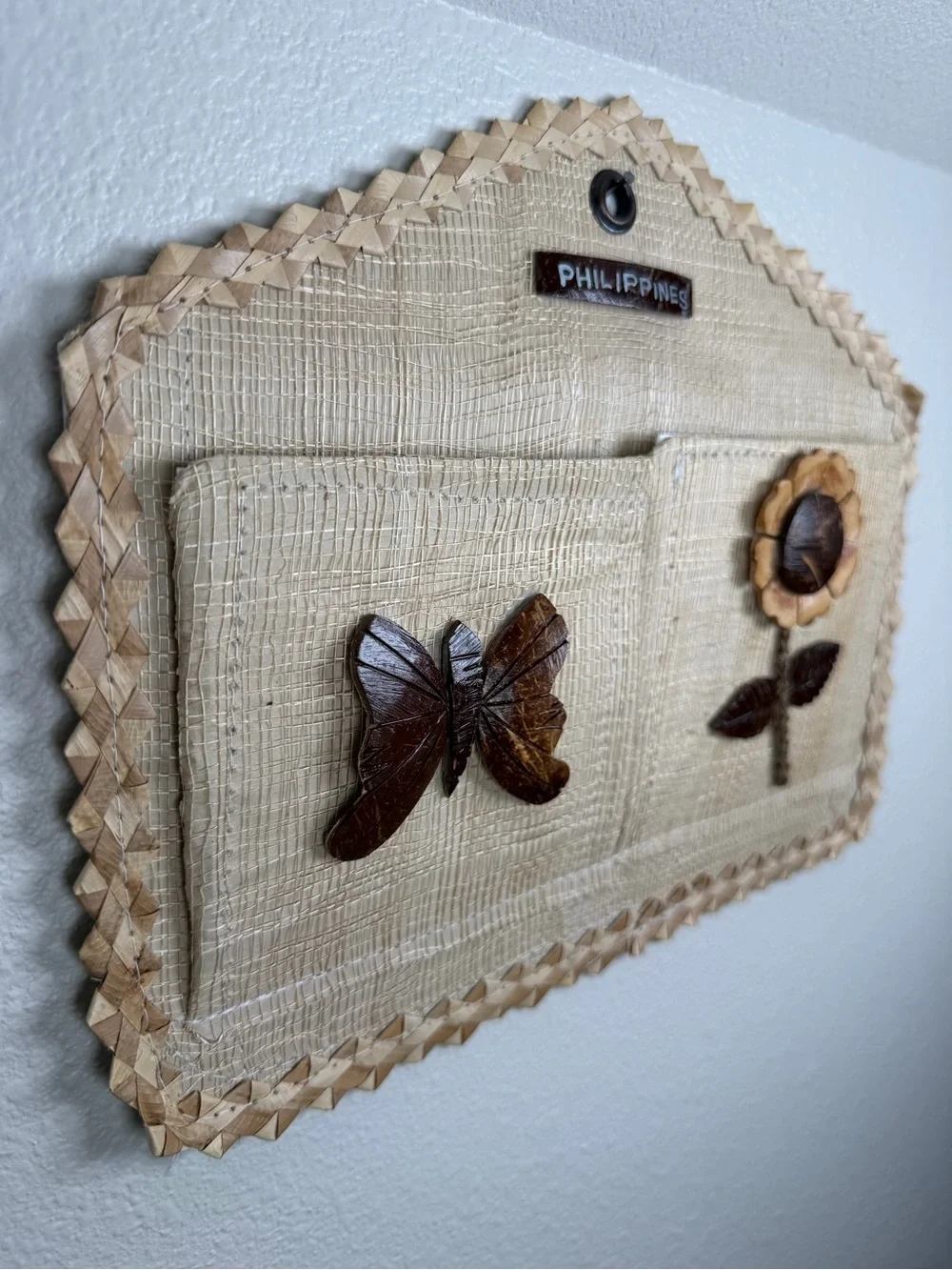Vintage Woven Rattan Raffia Mail Bill Sorter Coconut Shell Butterfly Sunflower